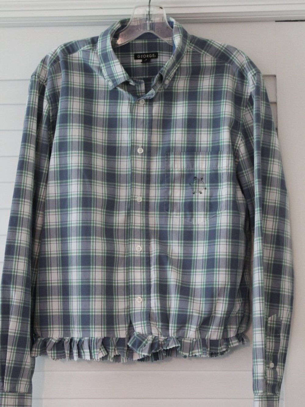 Upcycled George Men's Size 38-40 plaid button-down shirt with distressed hem